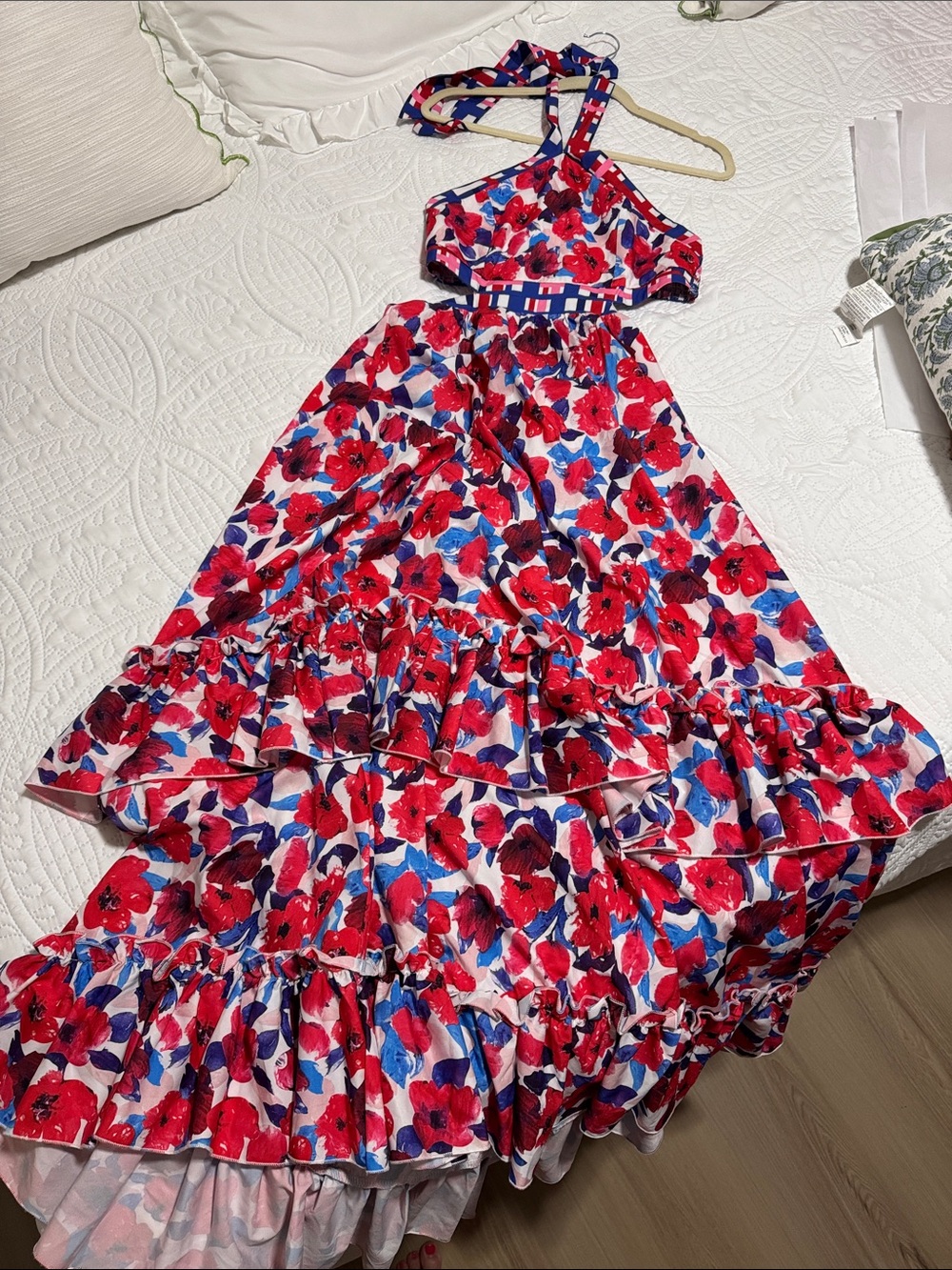 SHEIN Red and Blue Floral Halter Maxi Dress
